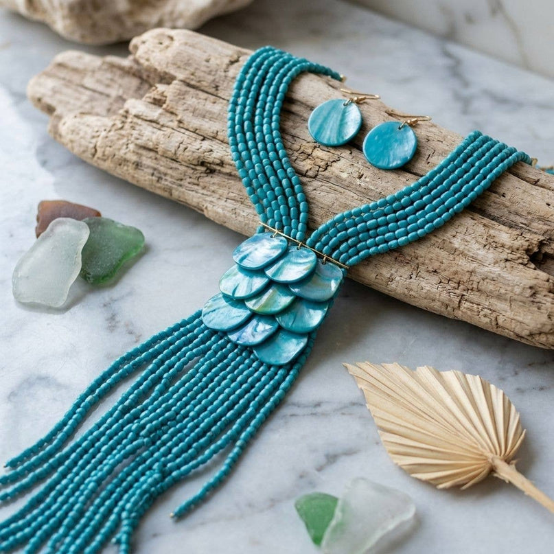 Marbled Green Bead Multi Strand Tassel Necklace