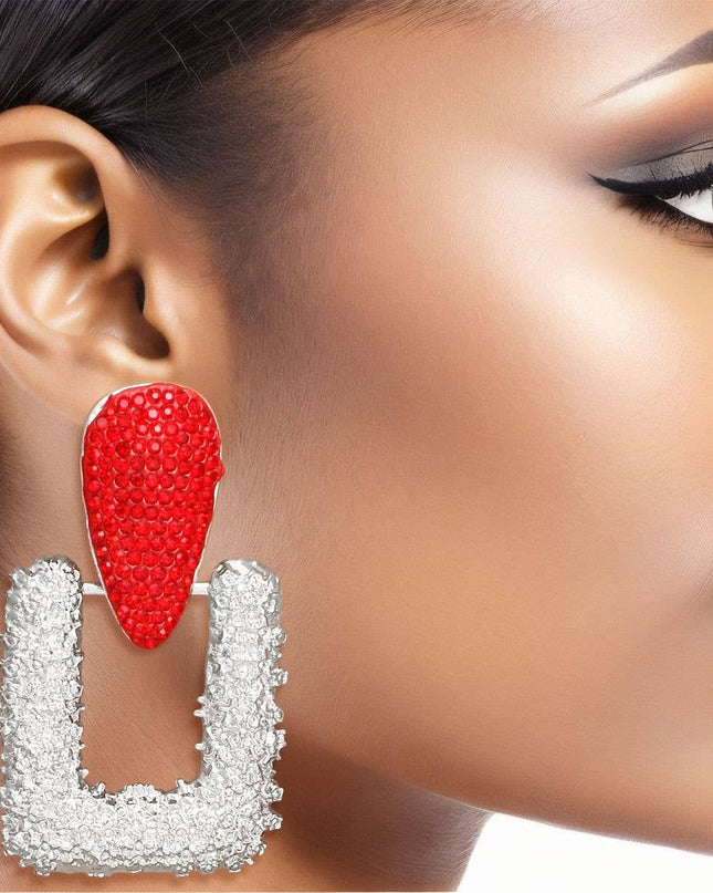 Drop Edgy Red Stone Hinge Silver Square Earrings