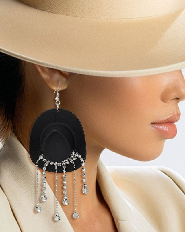 Fish Hook Black Cowgirl Hat Fringe Earrings