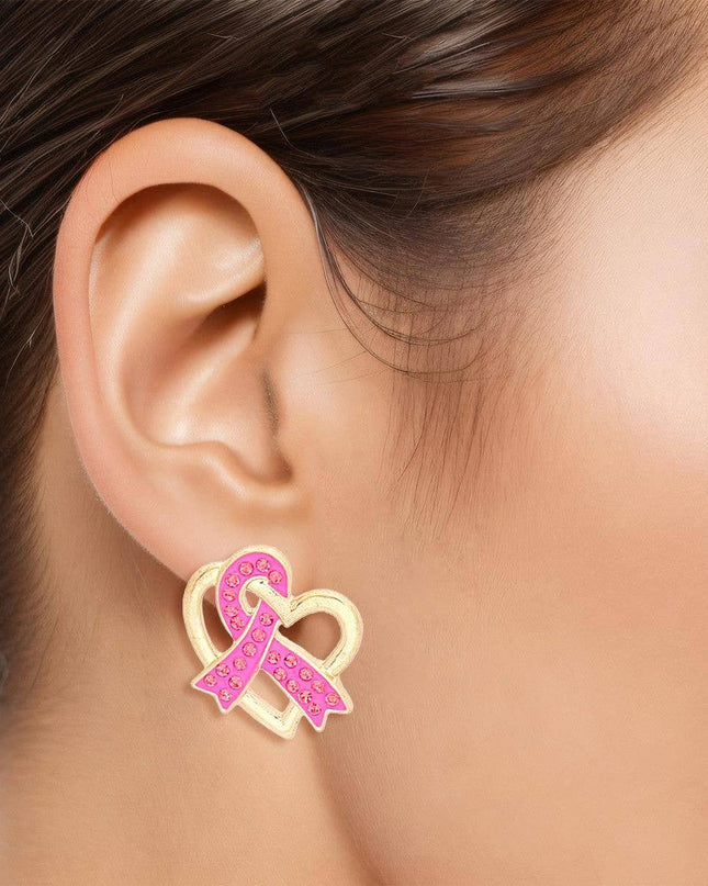 Studs Gold Pink Ribbon Looped Heart Earrings