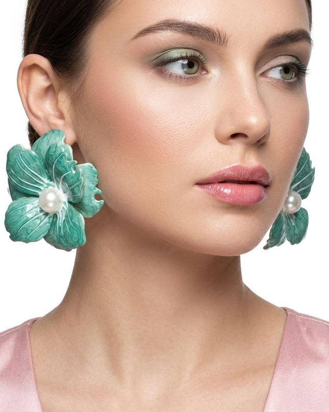 Green Oversized Stud Painted Petal Flower Earrings