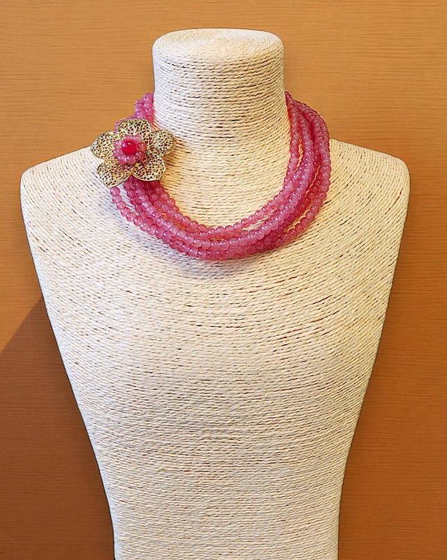 Short Pink Layered Necklace | Flower | Floral | Beaded Boho
