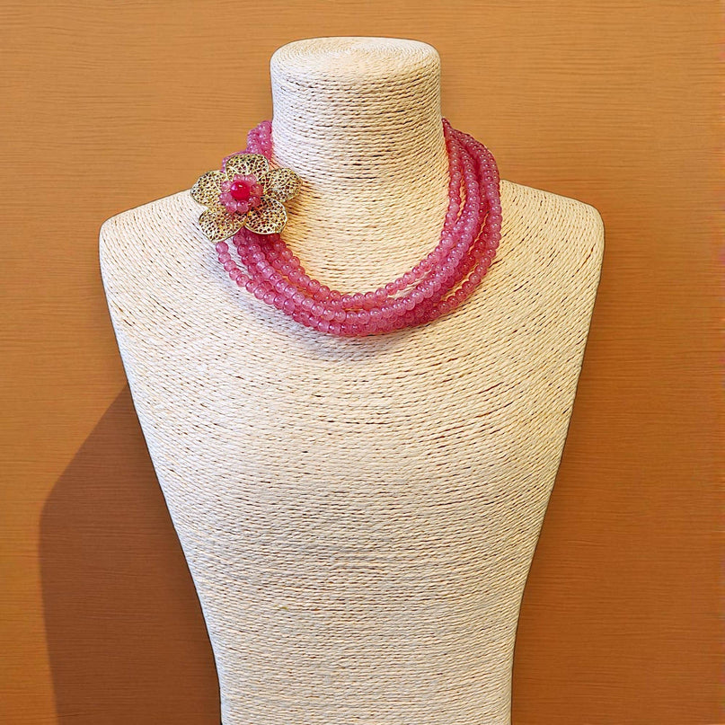 Short Pink Layered Necklace | Flower | Floral | Beaded Boho