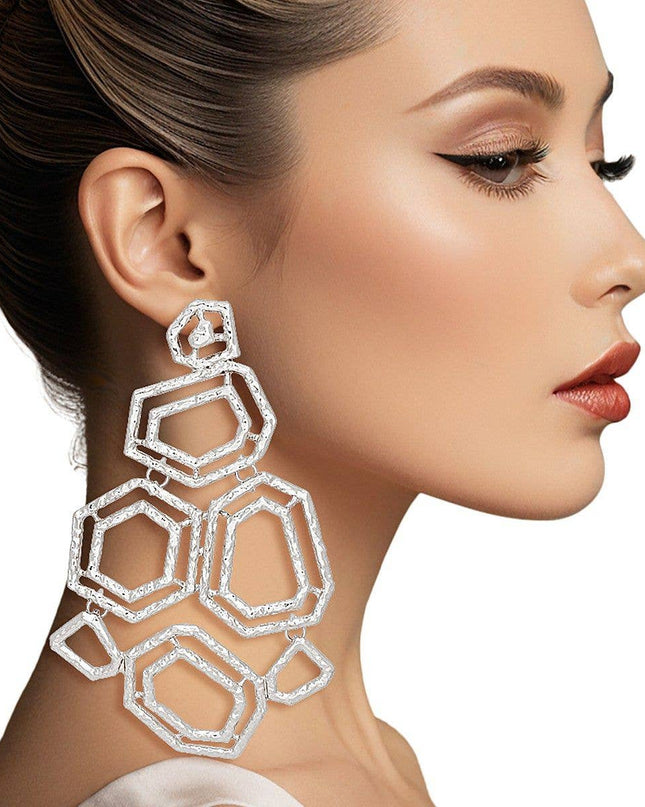 Dangle Large Silver Geometric Structured Earrings