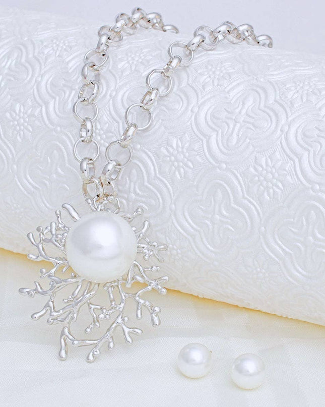 Pendant Branched Silver White Pearl Chain Necklace
