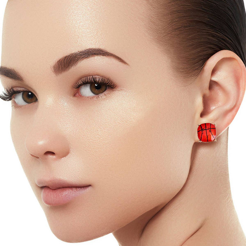 Gold Basketball Cushion Cut Stud Earrings for Women