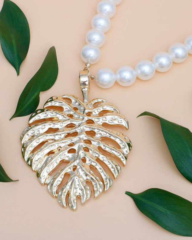 Cream Pearl Gold Palm Leaf Pendant Necklace