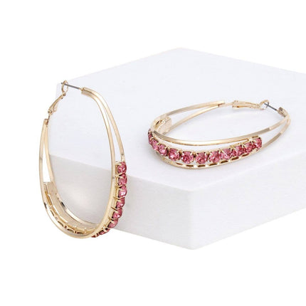 Hoops Oval Gold Split Fuschia Rhinestone Earrings