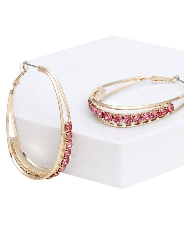 Hoops Oval Gold Split Fuschia Rhinestone Earrings