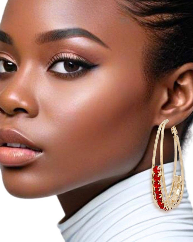 Hoops Oval Gold Split Red Rhinestone Earrings