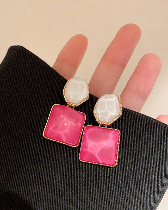 Radiant Mosaic Irregular Square Oval Drop Earrings – Green Jade, Ocean Blue & Fuchsia Pink with water patterns