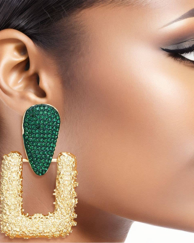 Drop Edgy Green Stone Hinge Gold Square Earrings