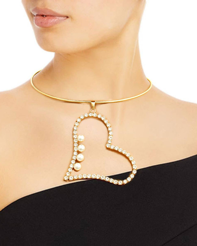 Gold Pearl Rhinestone Heart Choker