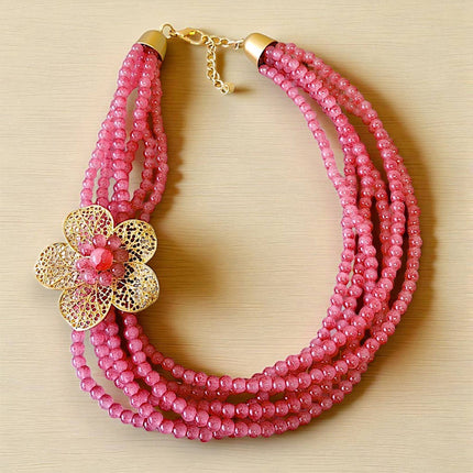 Short Pink Layered Necklace | Flower | Floral | Beaded Boho