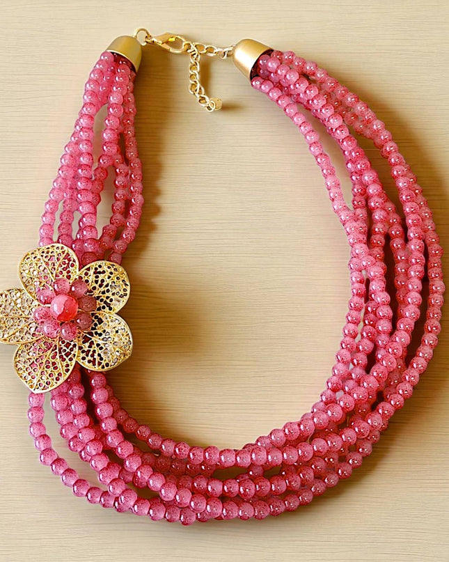 Short Pink Layered Necklace | Flower | Floral | Beaded Boho