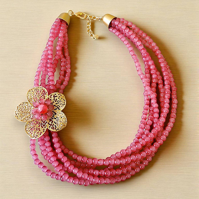 Short Pink Layered Necklace | Flower | Floral | Beaded Boho