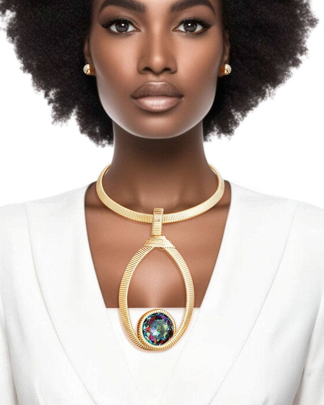 Choker Pink Green Ribbed Oval Pendant Set Women
