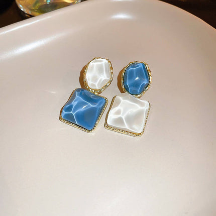 Radiant Mosaic Irregular Square Oval Drop Earrings – Green Jade, Ocean Blue & Fuchsia Pink with water patterns