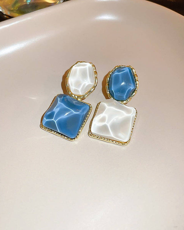 Radiant Mosaic Irregular Square Oval Drop Earrings – Green Jade, Ocean Blue & Fuchsia Pink with water patterns