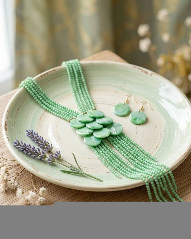 Marbled Green Bead Multi Strand Tassel Necklace