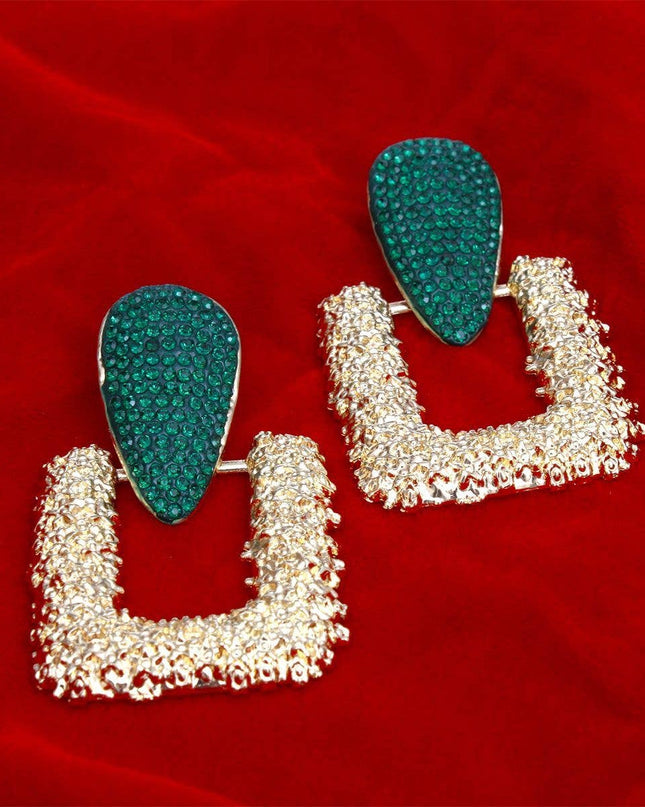 Drop Edgy Green Stone Hinge Gold Square Earrings