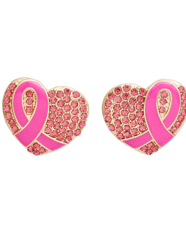 Studs Gold Heart Pink Stone Cancer Ribbon Earrings