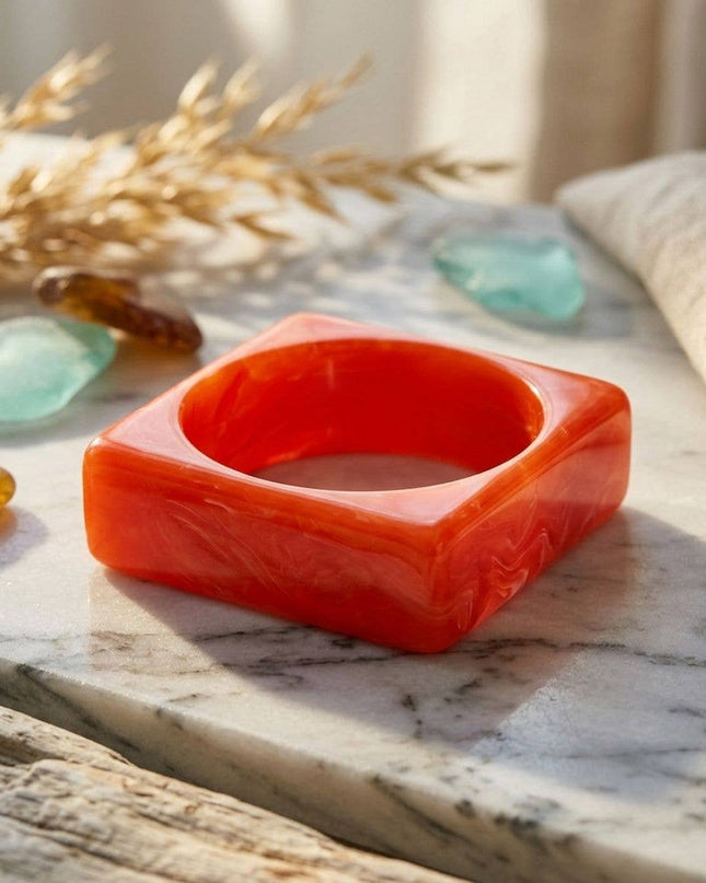 Bangle Coral Red Marbled Square Retro Bracelet