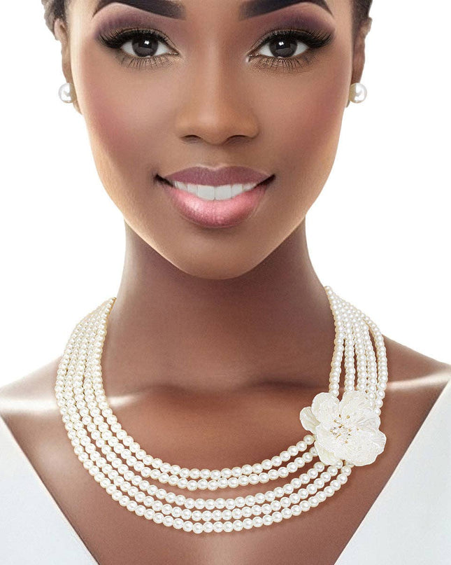 Pearl Necklace Cream 5 Strand Flower Set for Women