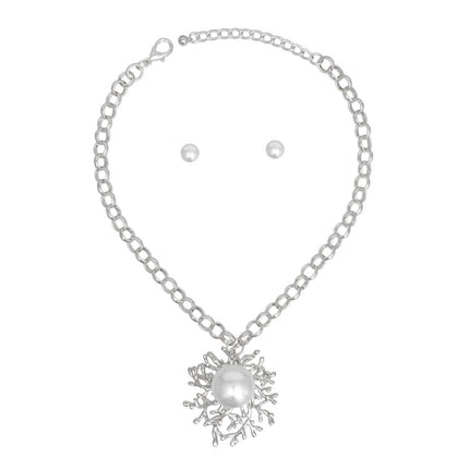 Pendant Branched Silver White Pearl Chain Necklace