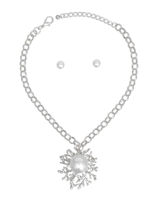 Pendant Branched Silver White Pearl Chain Necklace