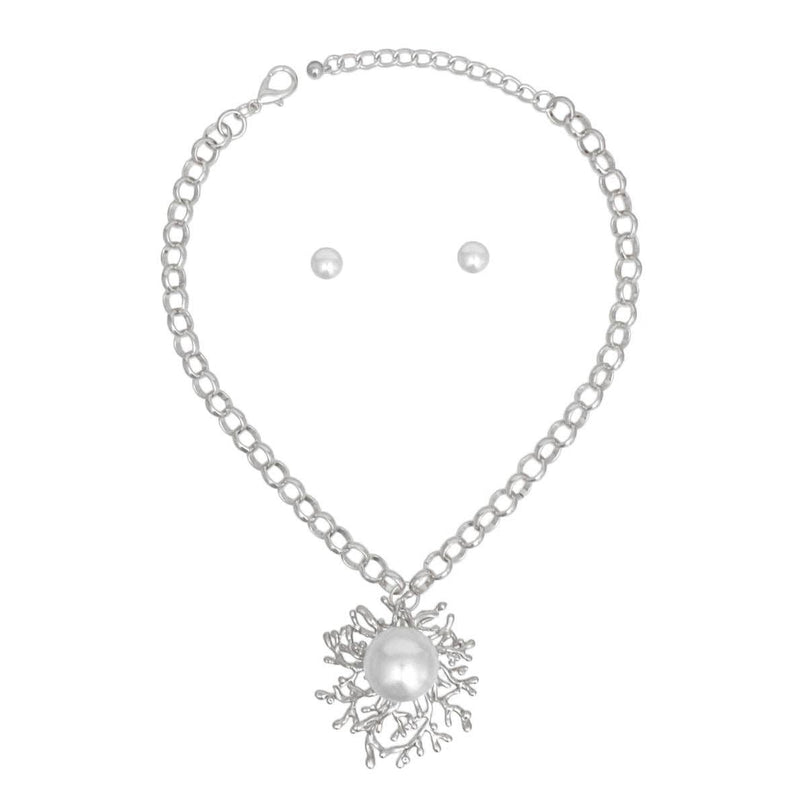 Pendant Branched Silver White Pearl Chain Necklace