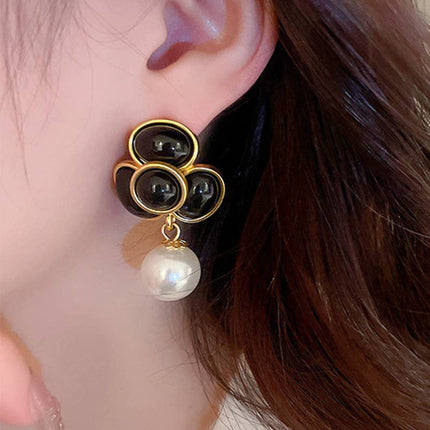 Black Onyx Floral Pearl Drop Earrings – Gold Statement Dangle Jewelry