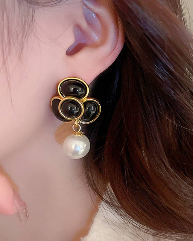 Black Onyx Floral Pearl Drop Earrings – Gold Statement Dangle Jewelry
