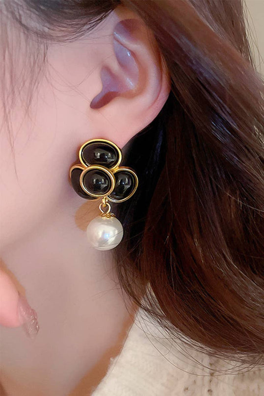 Black Onyx Floral Pearl Drop Earrings – Gold Statement Dangle Jewelry
