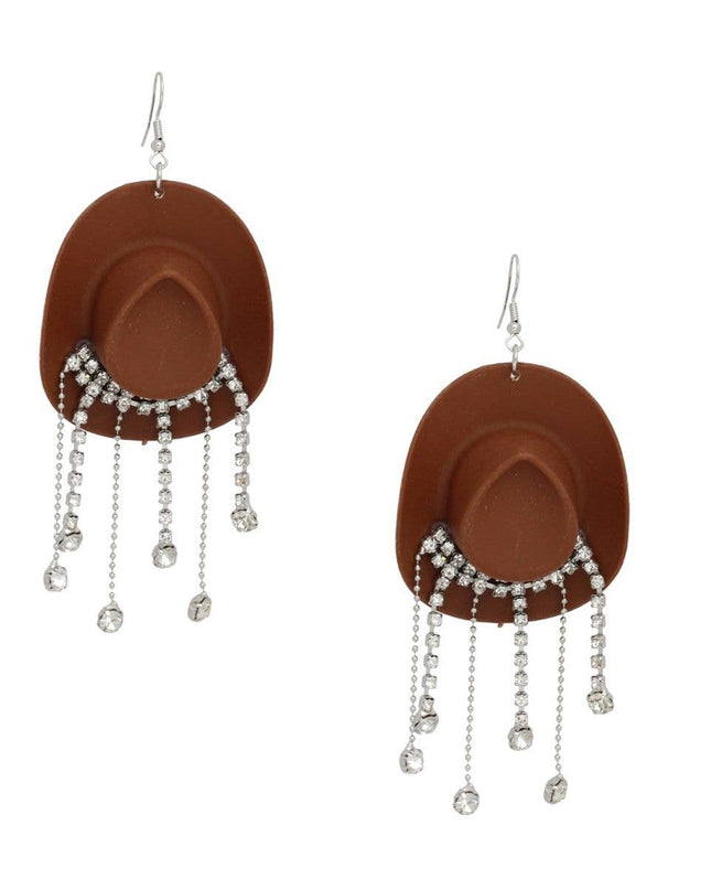 Fish Hook Brown Cowgirl Hat Fringe Earrings