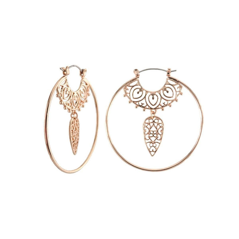 Rose Gold Filigree Dangle Hoop Earrings for Women