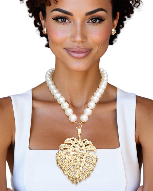 Cream Pearl Gold Palm Leaf Pendant Necklace