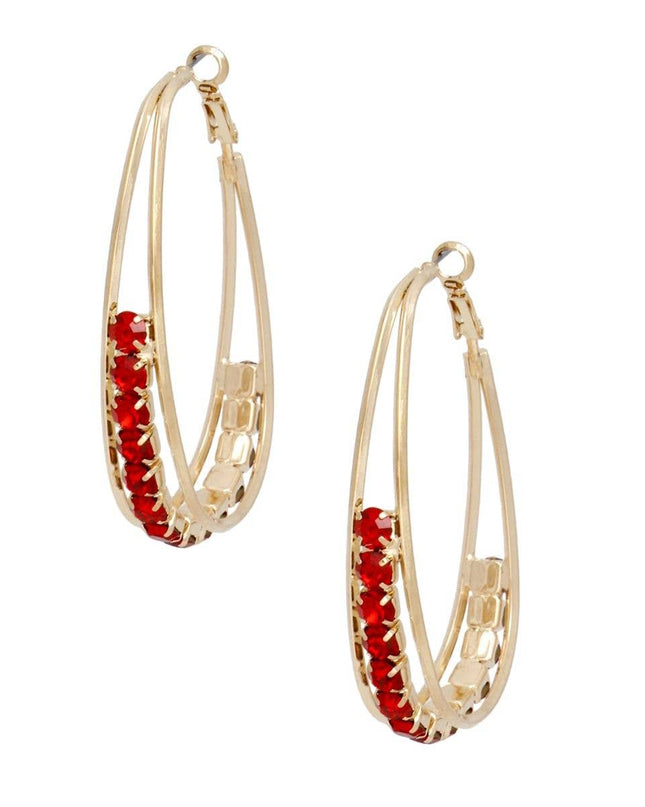Hoops Oval Gold Split Red Rhinestone Earrings