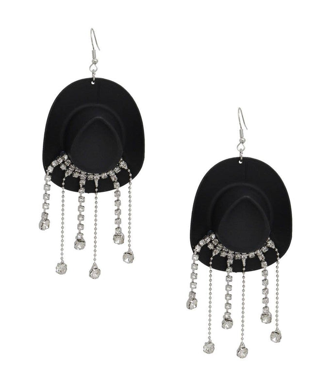 Fish Hook Black Cowgirl Hat Fringe Earrings