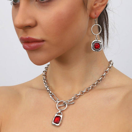 Red Crystal Stone Pendant Jewelry Set