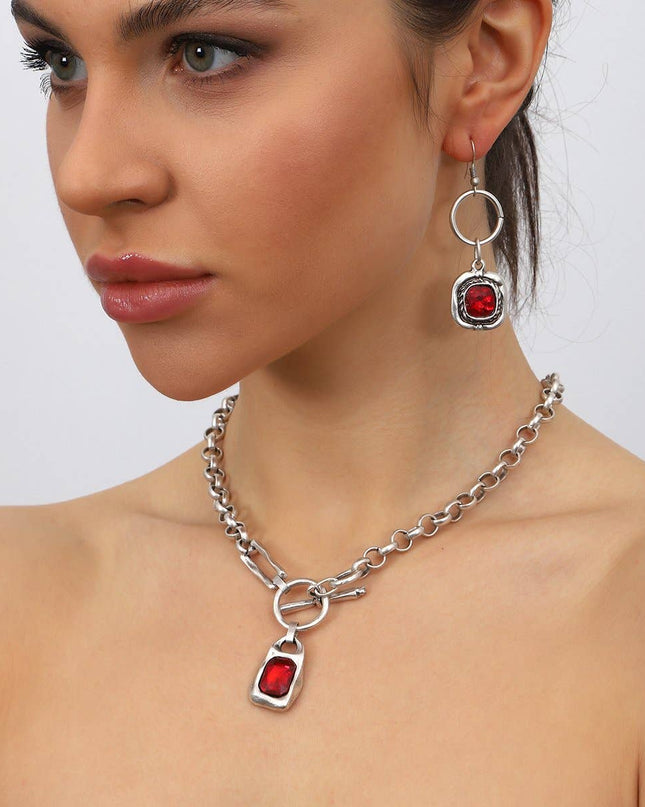 Red Crystal Stone Pendant Jewelry Set