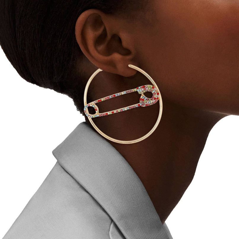 Multi-Color Stone Safety Pin Hoop Earrings for Women