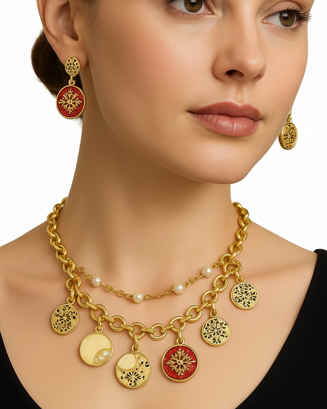 Elegant Gold & Enamel Charm Jewelry Set