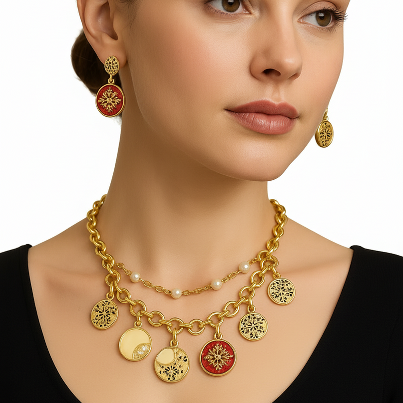 Elegant Gold & Enamel Charm Jewelry Set
