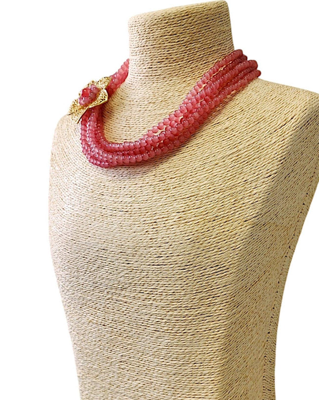 Short Pink Layered Necklace | Flower | Floral | Beaded Boho