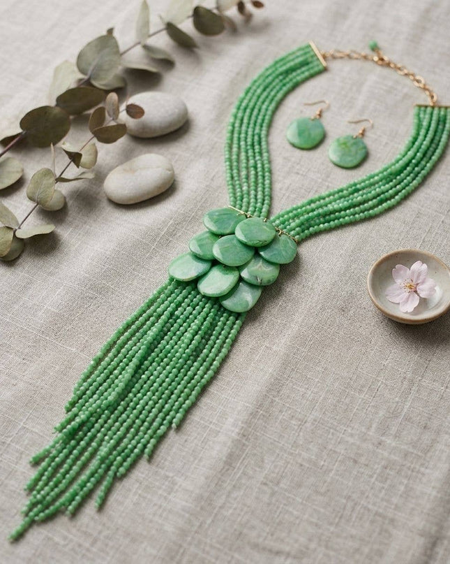 Marbled Green Bead Multi Strand Tassel Necklace