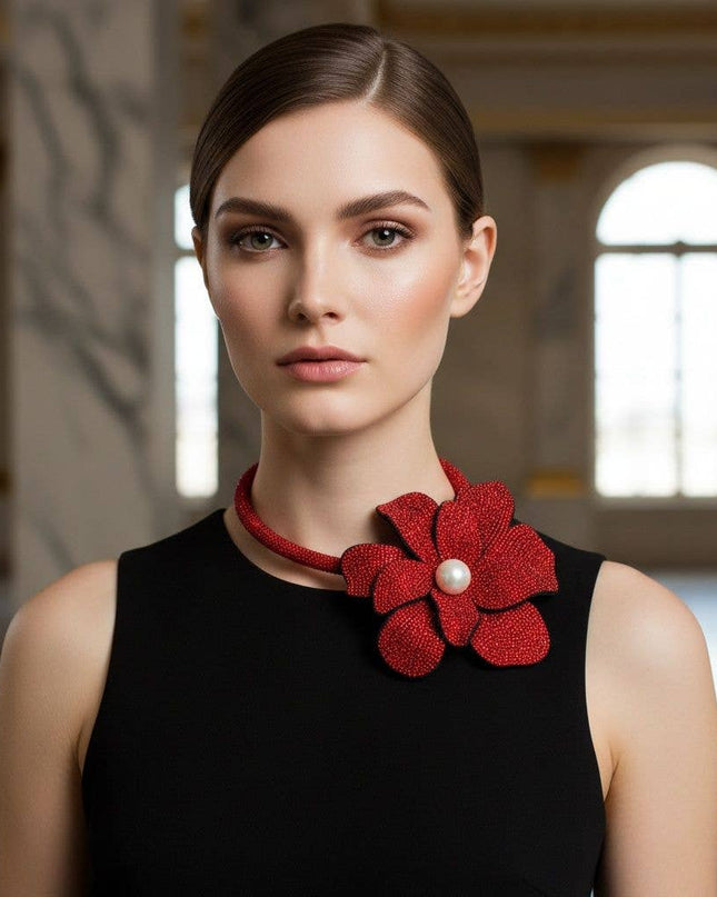 Brilliant Red Blooming Flower Choker Necklace