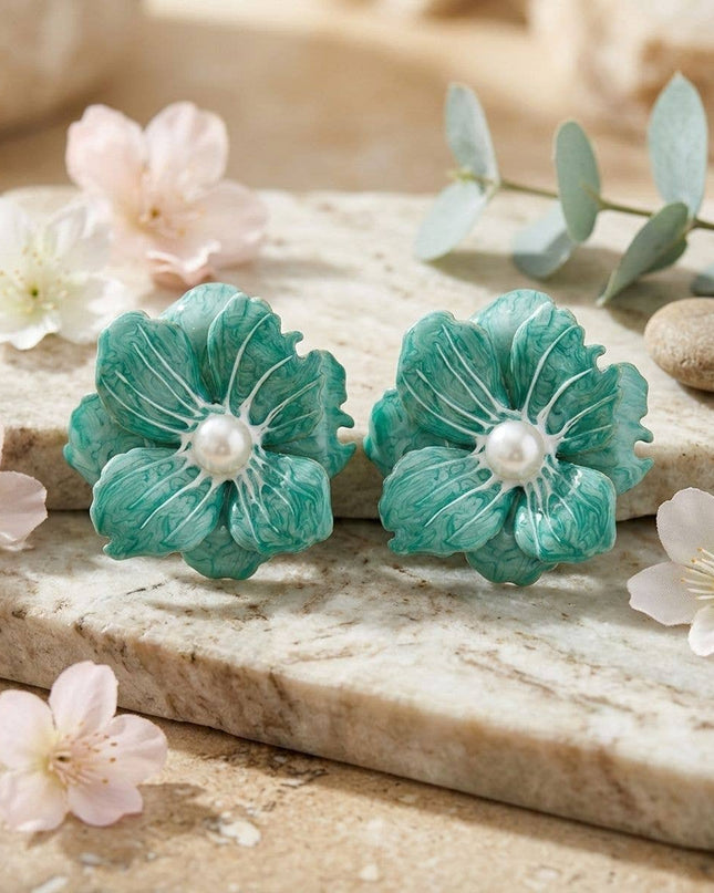 Green Oversized Stud Painted Petal Flower Earrings