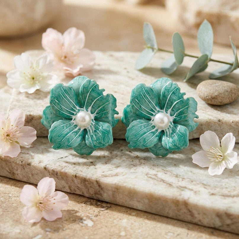 Green Oversized Stud Painted Petal Flower Earrings