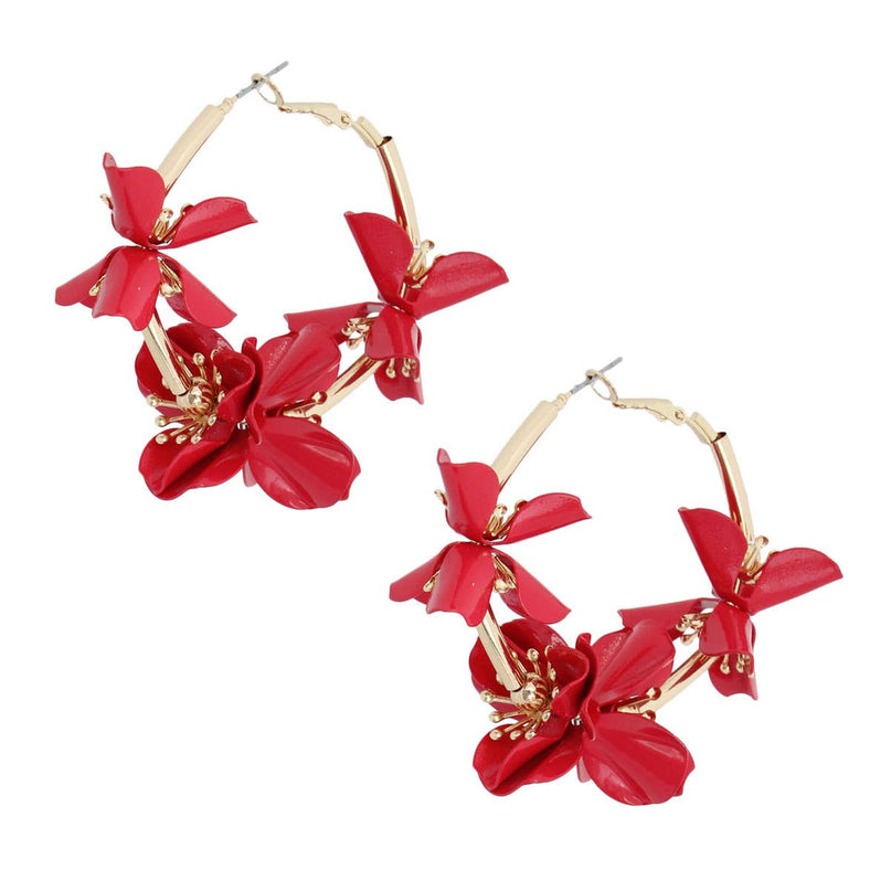 Red Metal Flower Hoop Earrings for Women
